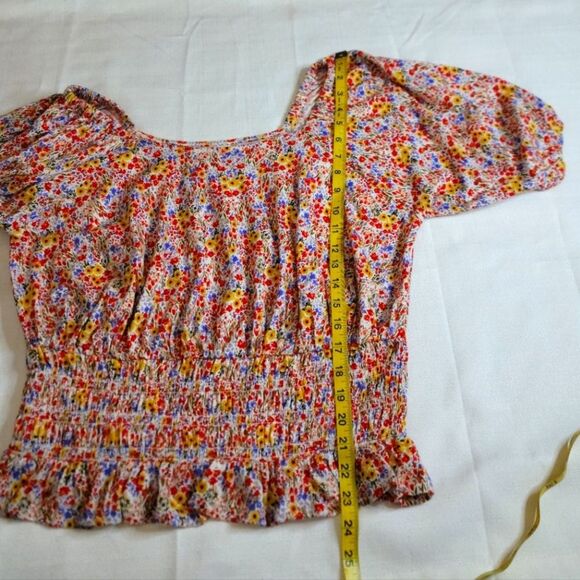 LOFT Floral Garden Smocked Waist Peasant Top Square Neck Size Medium - Picture 8 of 9